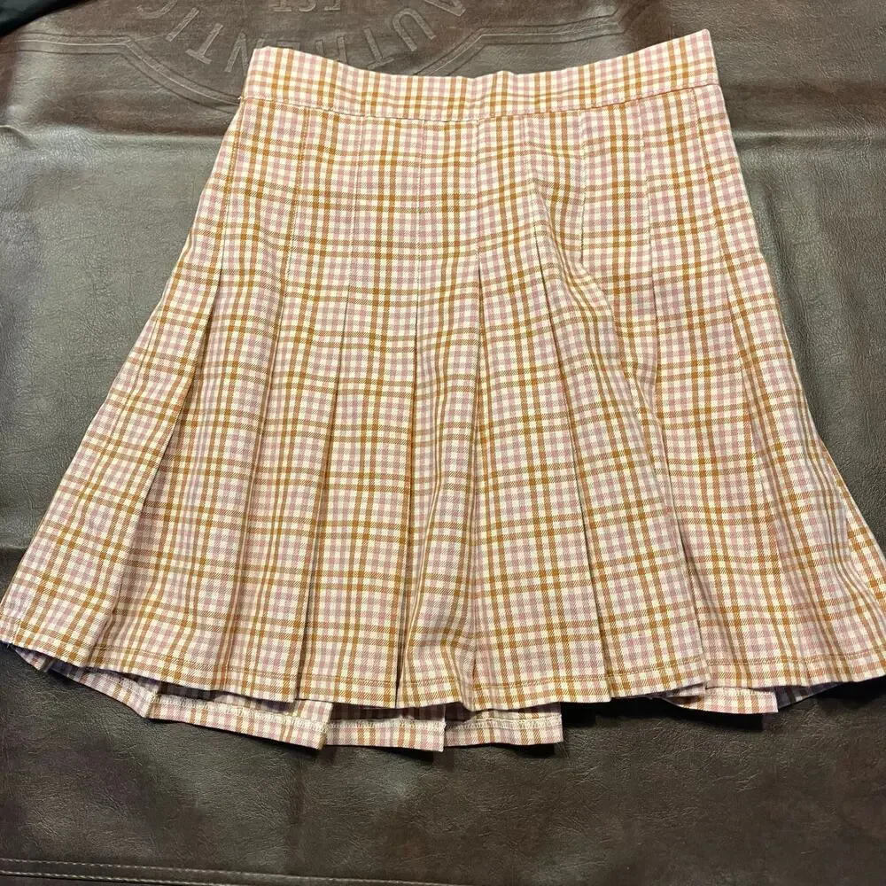 New Aerie Pleated Mini Skirt Pink‎ Brown Gingham Plaid Size XS $49.95 Preppy